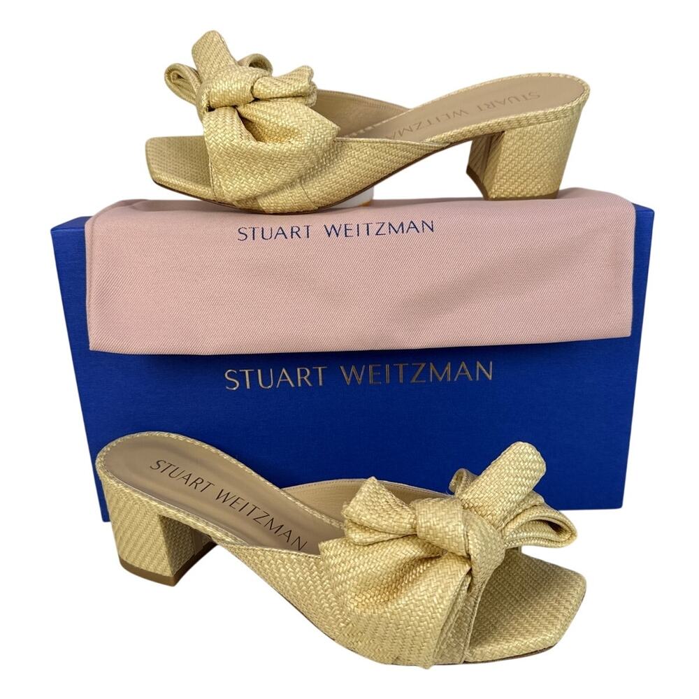 Stuart Weitzman Loveknot 50 Block Slide Sandal Womens 9 Wheat Raffia‎ Bow Heel